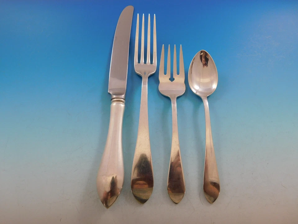 Juego de cubiertos antiguos puntiagudos de R&B D&H de plata de ley 12 servicio 90 piezas cena Foto 3 de 4