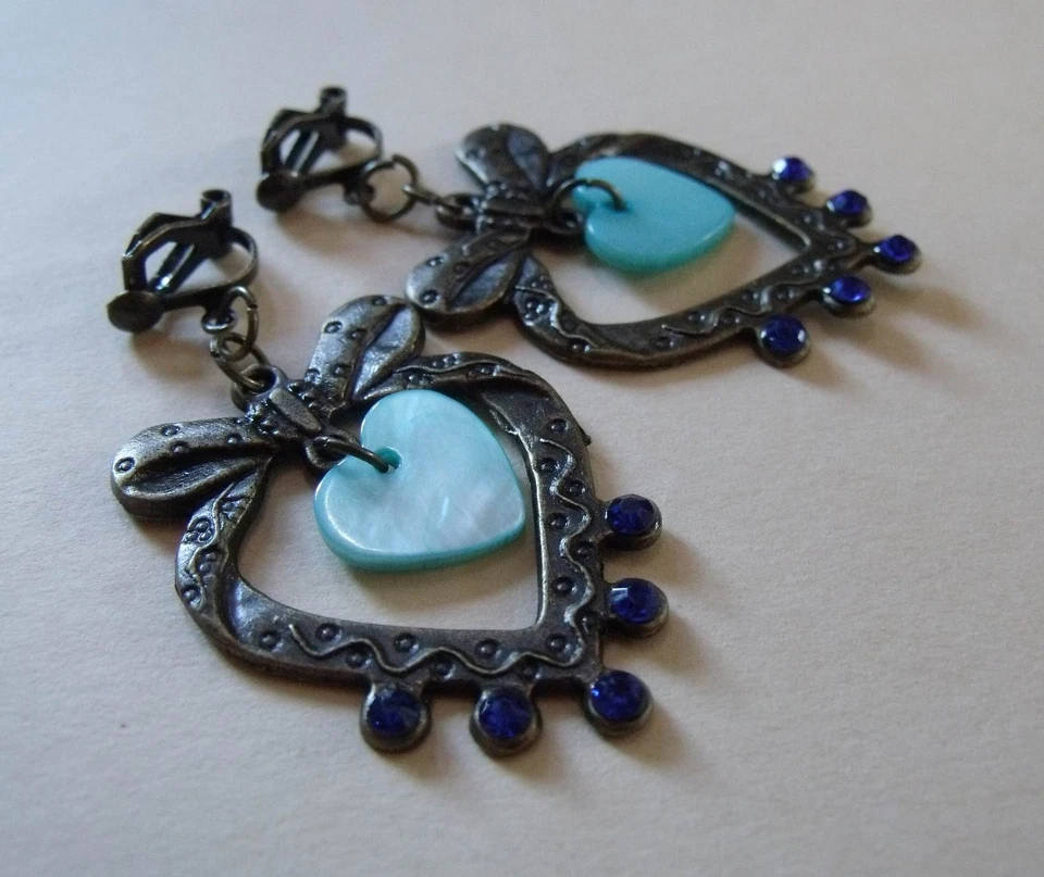 OHRCLIPS BRONZE STRASS PERLMUTT HERZ ROYALBLAU TÜRKIS - Bild 2 von 2