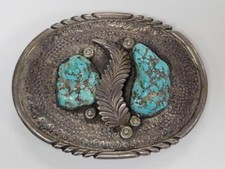 Vintage Southwest Sterling Silver Large Turquoise Belt Buckle 96.6g  SS-8015