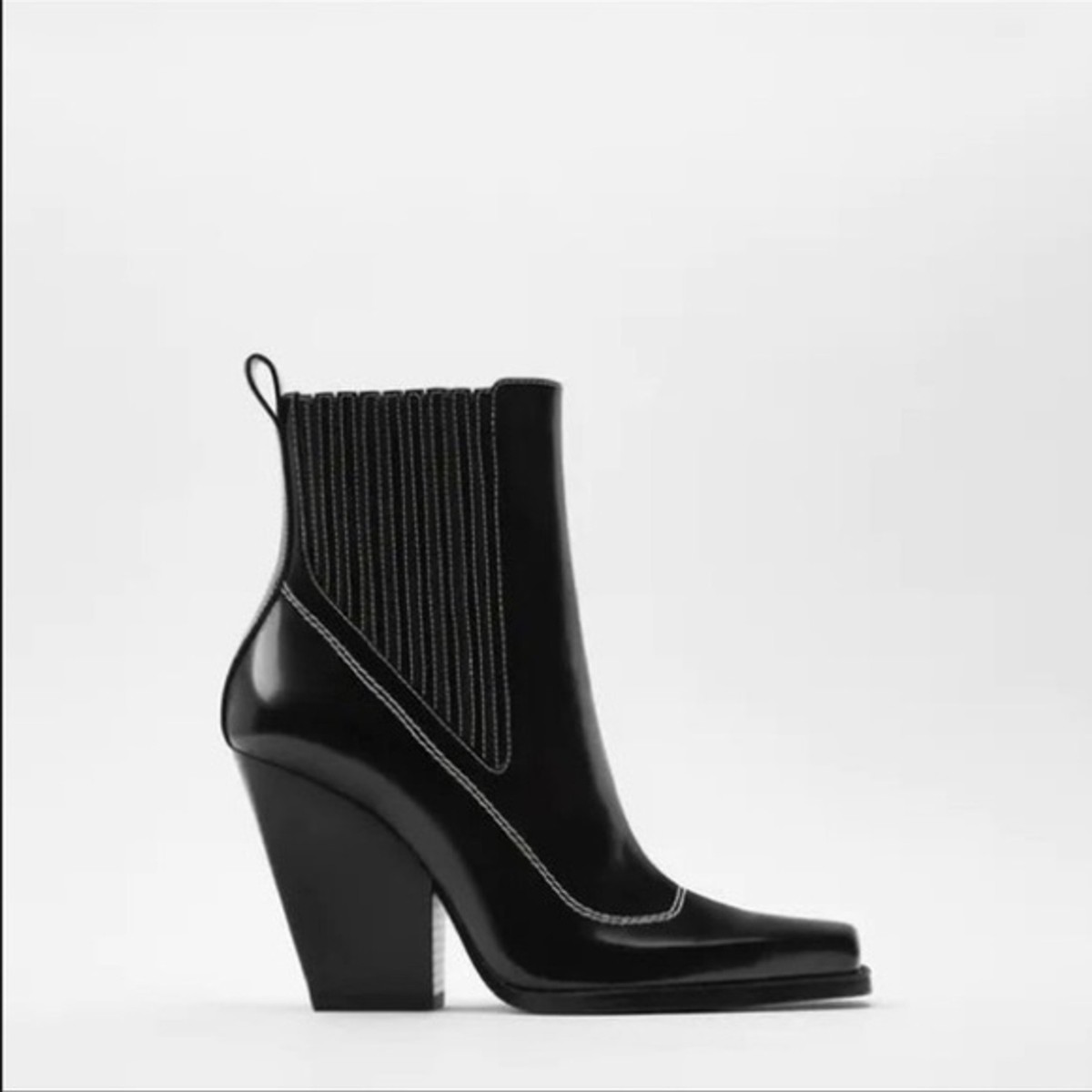 Zara Topstitched Black Patent Leather Western Boots Heeled Square