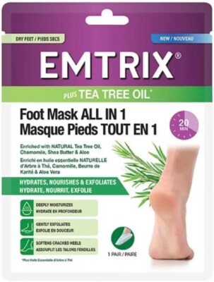Emtrix Fußmaskensocken, feuchtigkeitsspendende Fußmaske mit Teebaumöl - x 4 Paar Pack