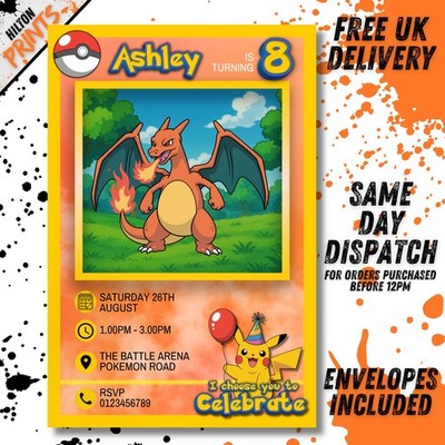 Personalisierte Pokemon Geburtstag Party Einladungen Einladungen inklusive Umschläge x12