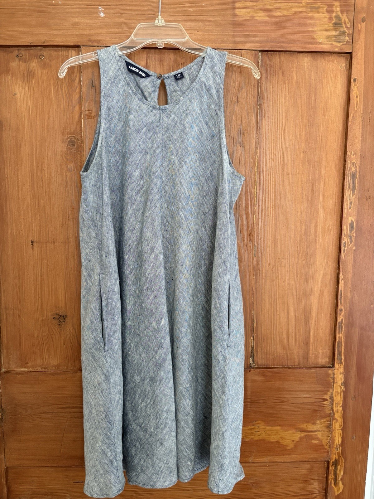 Women’s Lands End Navy Blue White Heather Linen Dress Pockets Size LP