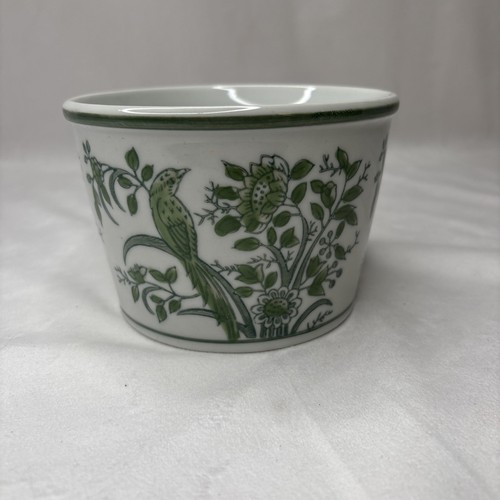 Two’s Company Ceramic Green & White Cachepot/Planter Floral Bird 3.75" T 5.25 D