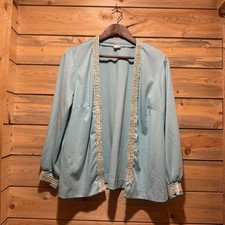 VTG Hand Embellished Open Front Jacket Light Blue with White Embroid  Sequin M