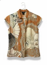 Luxury Citron Santa Monica Silk Blouse Top Asian Fan Butterfly Paisley Shell XS