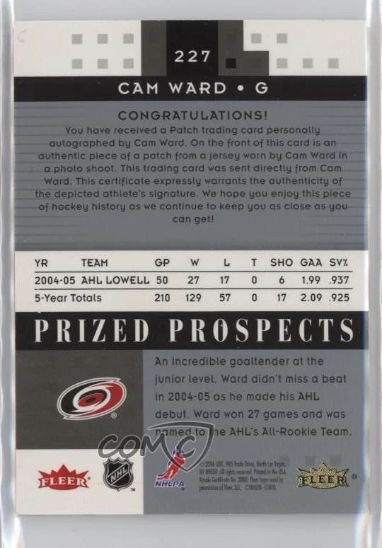 2005-06 Fleer Hot Prospects Prized Prospects /349 Cam Ward #227 Rookie Auto RC - Image 2 of 2