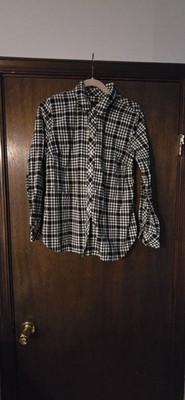 Talbots Blouse Womens M Black White  Plaid Button Up Long Sleeve Shirt