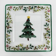 Pfaltzgraff Winterberry 14" Square Glass  Platter Christmas Tree Holly