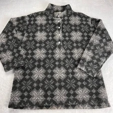 L.L. Bean Vintage Sherpa Snow Flake AOP Black Gray Pull Over Fleece Jacket SZ L