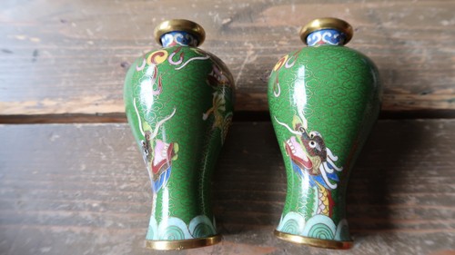 Pair of Antique Dragon Cloisonne Vases 4" Tall - Picture 7 of 12