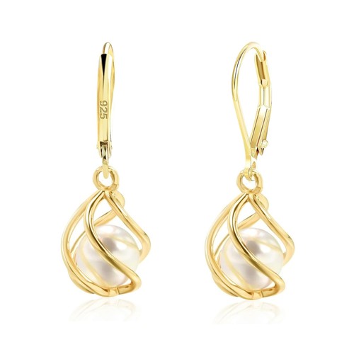 18K Gold Plated Caged Pearl Dangle Drop Earrings for Women Lightweight Leverback