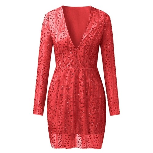 Long Sleeve Sheer Sequined Mesh Bodycon Short Dress with Low Neck for Parties - Picture 10 of 31