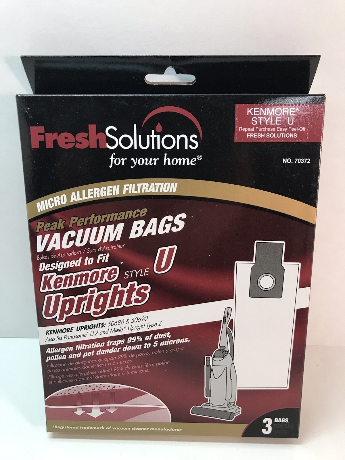 3 Pack Fresh Solutions Micro Allergen Kenmore Style U Vacuum Bags 70372