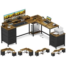L Shaped Desk with Power Outlets 5 Drawers 94.5" Reversible Computer Desk Brown