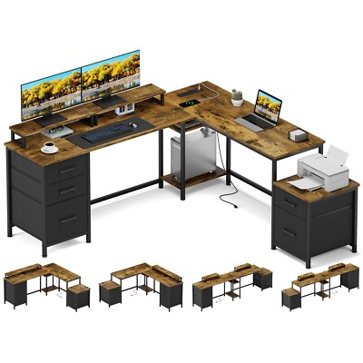 L Shaped Desk with Power Outlets 5 Drawers 94.5'' Reversible Computer Desk Brown