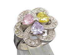 925 Sterling Silver Vintage Love Heart Multi Color Topaz Ring Sz 6 RG24435