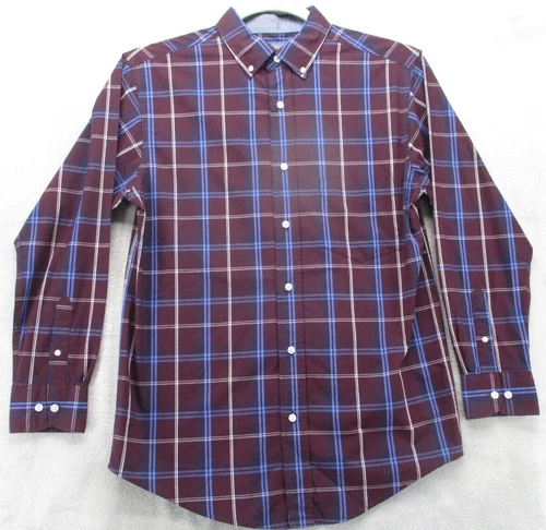 Haggar Button Up Shirt Men's S Red with Blue White Geometric Plaid Cotton Blend - product listing photo
