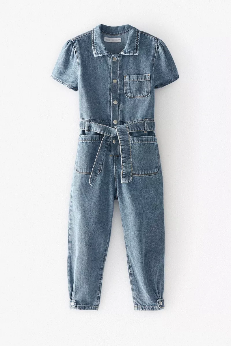 Zara Kids Girl Belted Snap Button Denim Jumpsuit Blue 4676 607