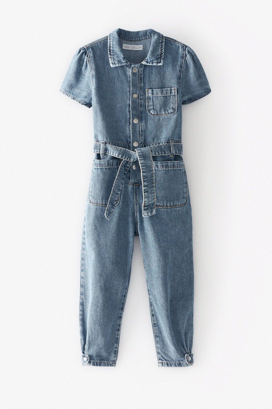 Zara Kids Girl Belted Snap Button Denim Jumpsuit Blue 4676/607 Size 11-12