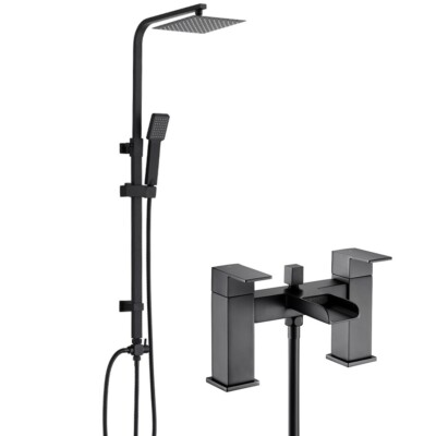 Mattschwarz Modern Quadratisch Wasserfall Bad Dusche Mischbatterie & Starre Steigschiene Kit