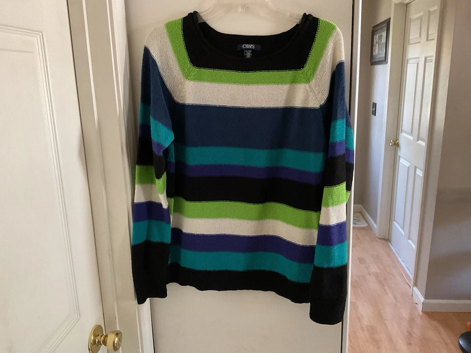 Chaps By Ralph Lauren Sweater Cotton Blue Aqua White Green Striped Size XL - Image 3 of 4