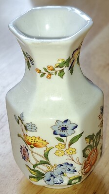 Aynsley China Knospenvase, Sechseckform, Floral Bone China, kleiner Chip am Rand