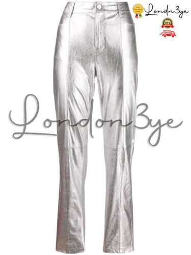 Women Genuine Lambskin Trousers Metallic Pants Silver Leather Designer Bottoms - Picture 1 of 8