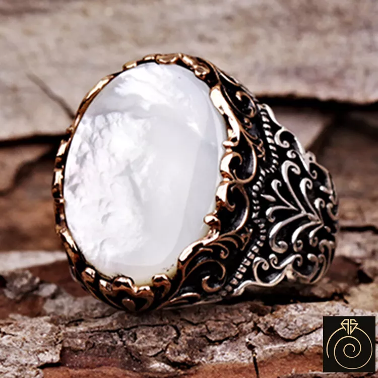 Mother Of Mens Ring White Gemstone Ancient Carved Cool Jewelry eBay