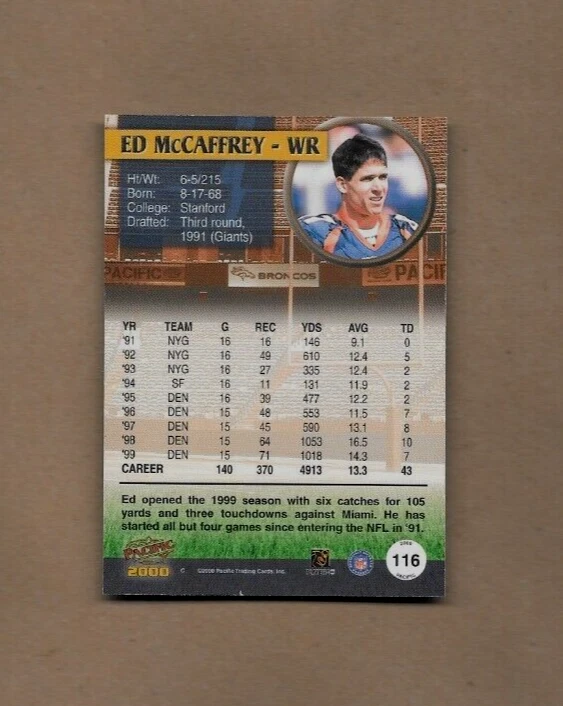 2000 Pacific Ed McCaffrey Premiere Date Card #116 SN#42/78 Denver Broncos NM/MT - Image 2 of 4