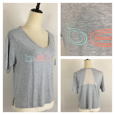 BEBE Sport Womens sz Medium Gray Multi-Color Logo Sheer Mesh Insert Back Shirt