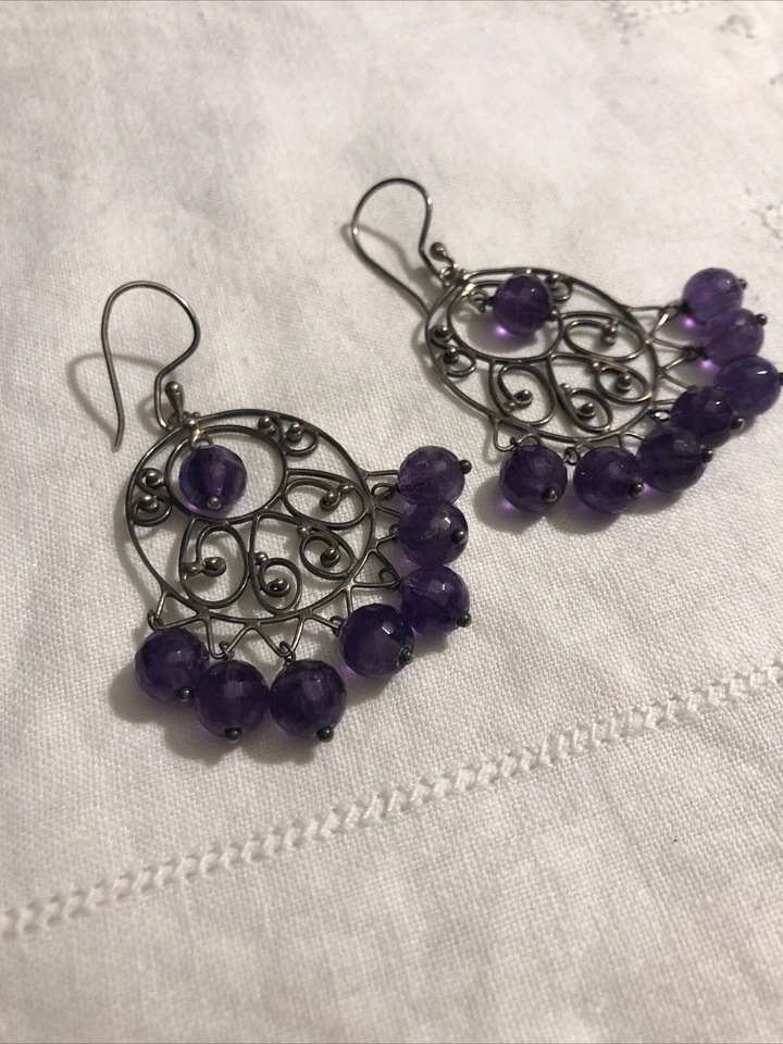 Orecchini Metallo Argentato E Simil Ametista - Immagine 3 di 4