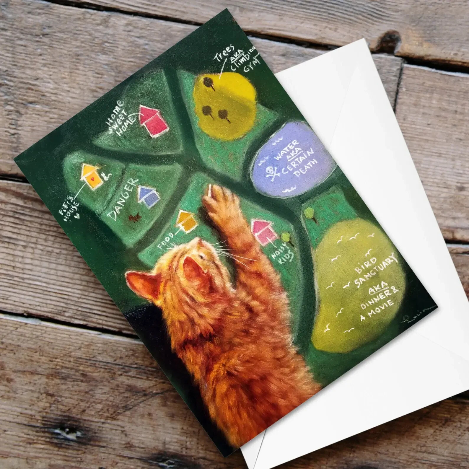 The Catographer Cat Art Birthday Card Funny Ginger Cat Card by Lucia Heffernan