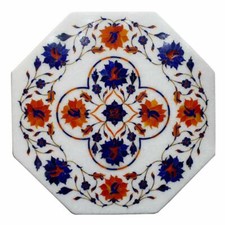 12" White Marble corner Table Top Semi precious stones Inlay Handmade Work