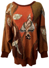 Vintage Bird Patchwork Wool Sweater S Crew Neck Beaded Dolman Sleeve Brown Gold