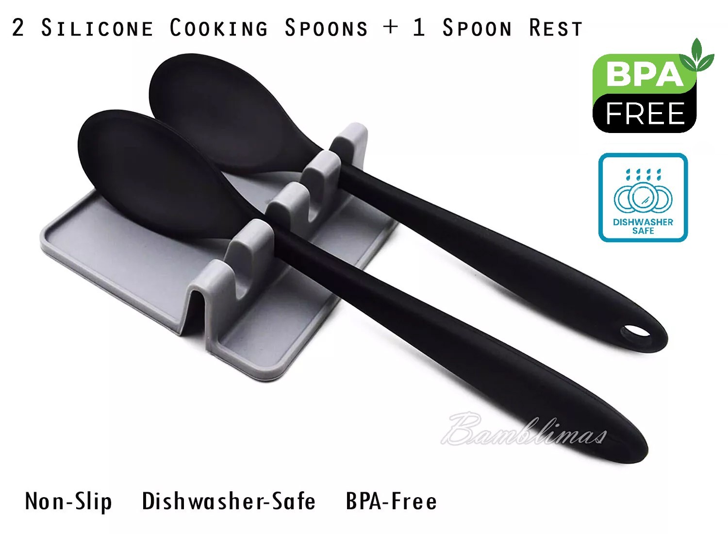 3 pcs Silicone Cooking Spoons Set + Spoon Rest Food Grade Dishwasher Safe Black