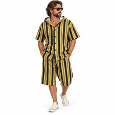 Vintage Made in USA 1990s Striped Hooded Shirt & Shorts Co-ord Set L 100% Cotton