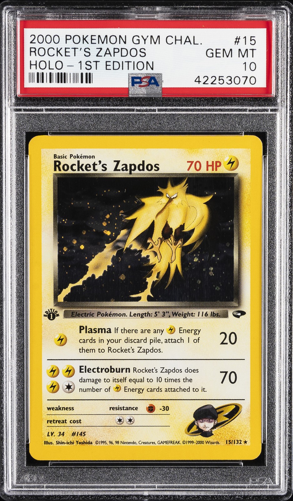 2000 POKEMON GYM CHALLENGE HOLO-1ST EDITION #15 ROCKET'S ZAPDOS PSA 10