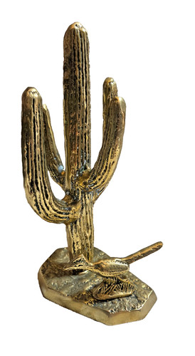 Southwest Brass 10" Tall Saguaro Cactus with Roadrunner Figure