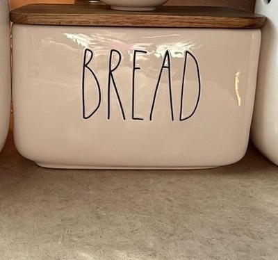 Rae Dunn White Ceramic Bread Box with Wooden Lid