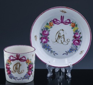 RARE & LOVELY 18th/19thC HAND PAINTED DRESDEN FLOWERS MONOGRAM TEA CUP & SAUCER