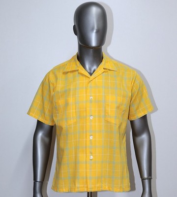 Vintage 1960s Yellow Checkered Shirt Open Loop Collar AIRMAN Size M Made in USA