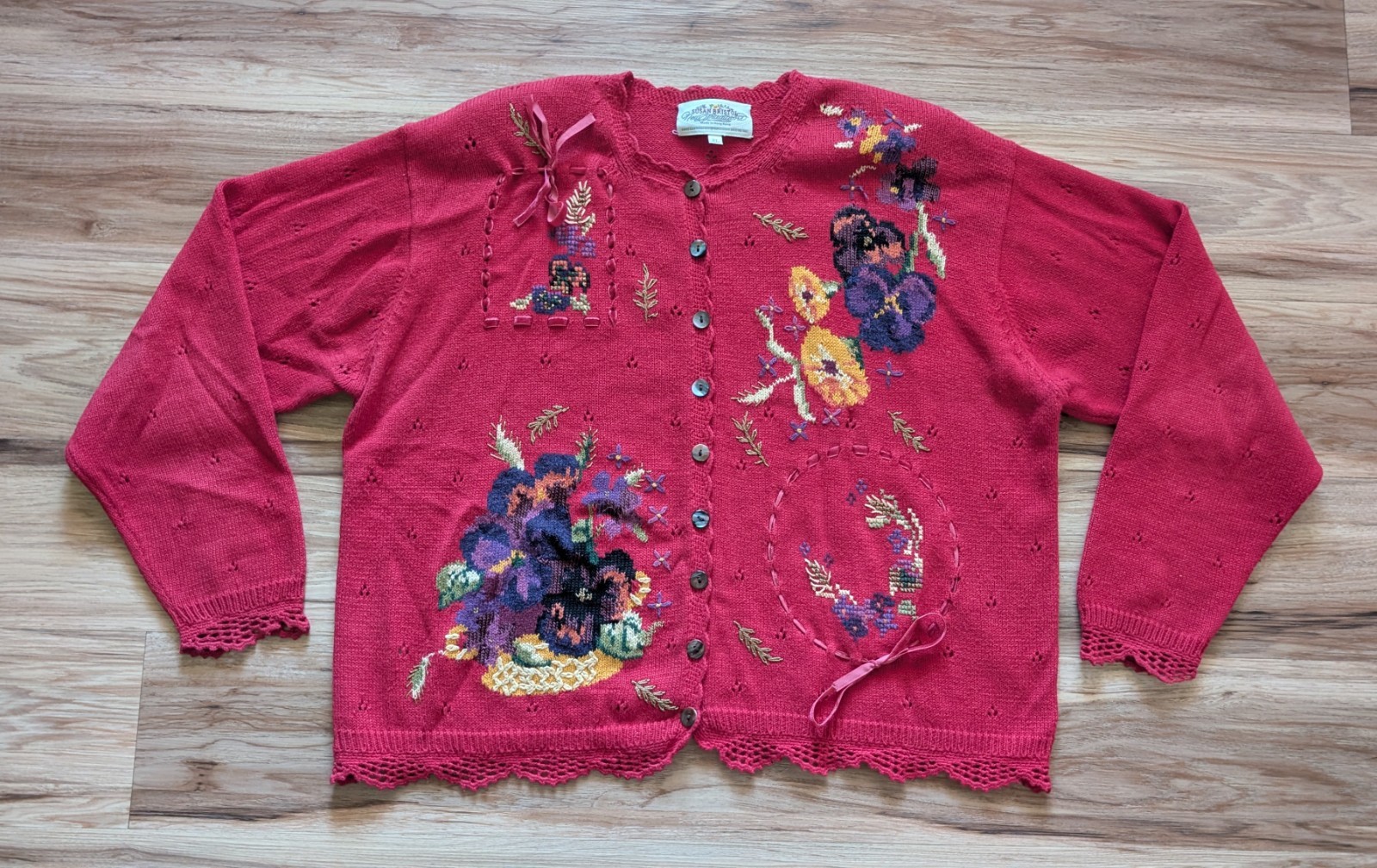 Vintage Susan Bristol Floral Hand Embroidered Sweater Womens XL Red Cottagecore