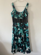 Monsoon Satin Blue Black Midi Dress UK 8 Geometric A-Line Occasion Evening Wear