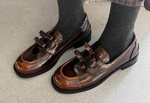 Women Round Toe Leather Bowknot Sweet Flat Slip On Loafers Shoes Spring size