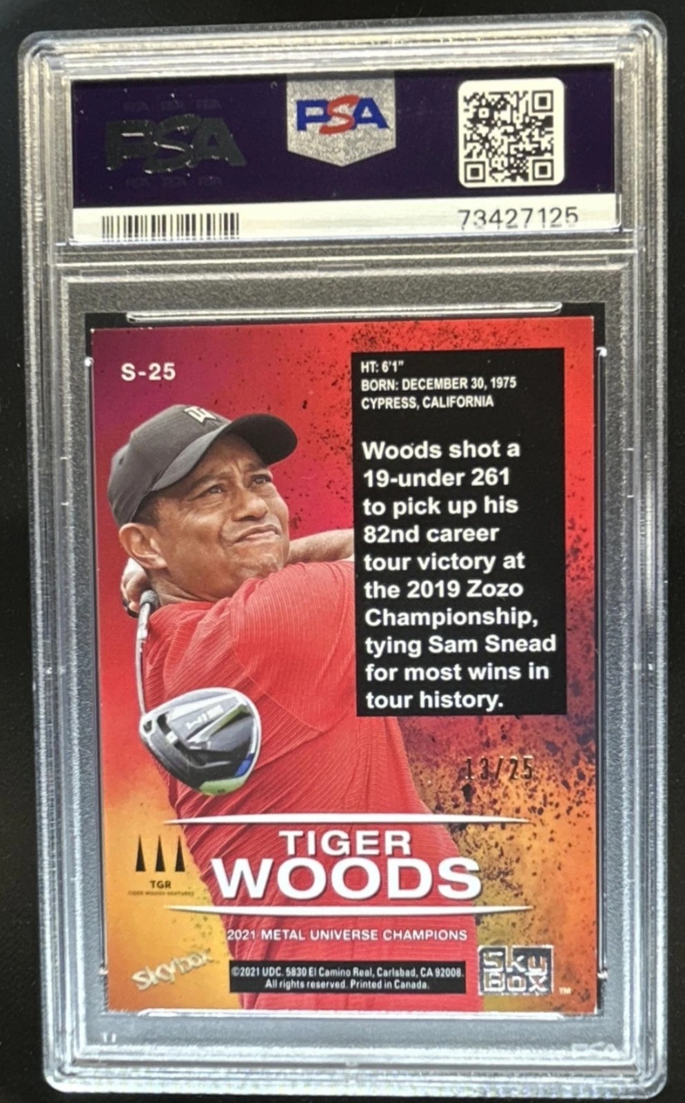 2021 Skybox Metal Universe Tiger Woods Premium Star Emerald #/25 PSA 7 view 2