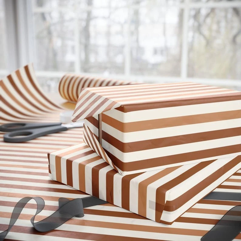 Brown Striped Wrapping Paper Roll, Aesthetic Gift Wrap