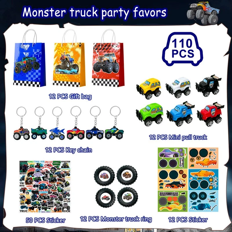 110 Pcs Monster Truck Favors Cars Birthday Party Gift Bags Candy Bags Loot Bags - Image 2 of 4