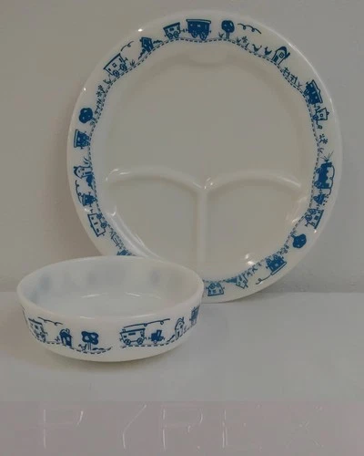 Pyrex Blue Trains Divided Plate and Bowl Vintage Children's Glassware #J5003