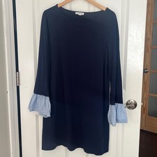 Beachlunchlounge Navy Blue Cotton shift dress w/ striped ruffle sleeve sz Large